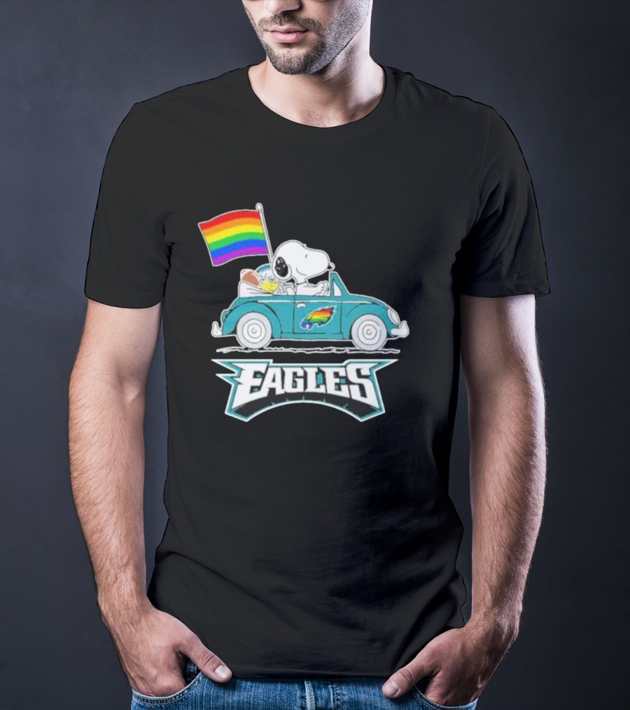 Philadelphia Eagles Pride Month Snoopy And Woodstock Rainbow Flag Parade T-Shirt