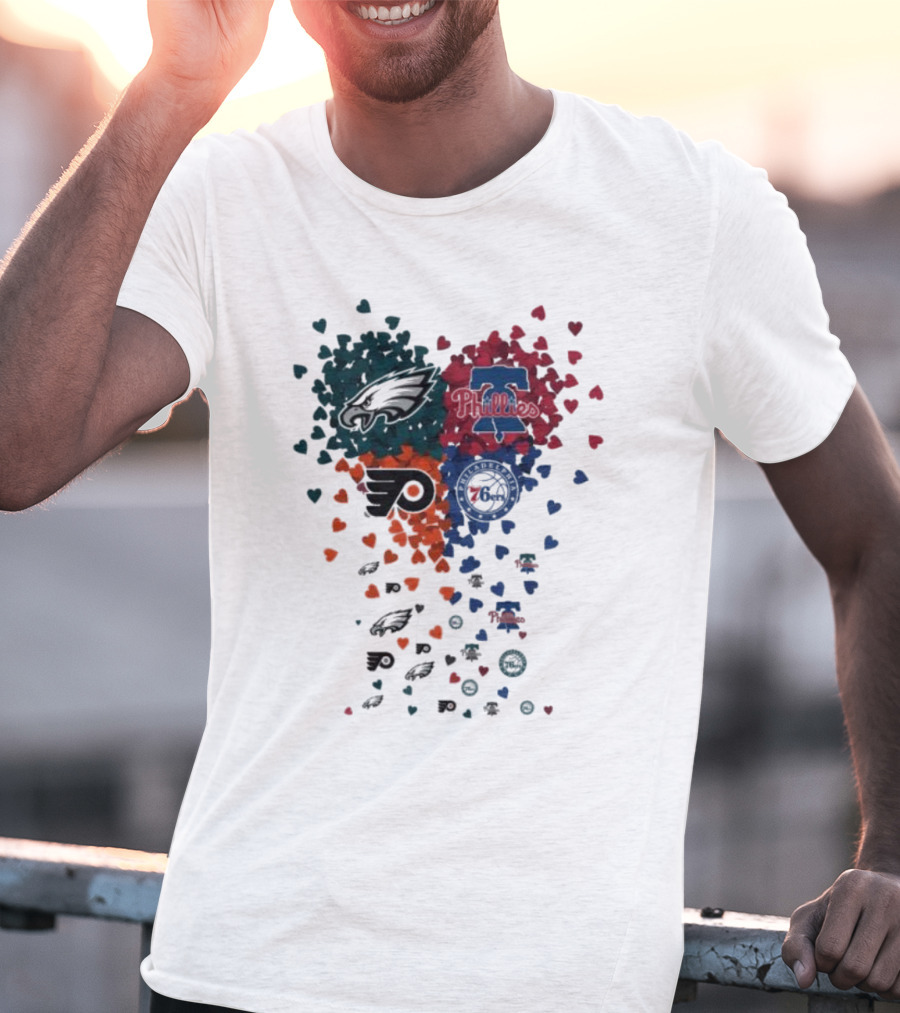 Philadelphia Eagles Phillies Flyers 76ers Logos And Hearts T-Shirt