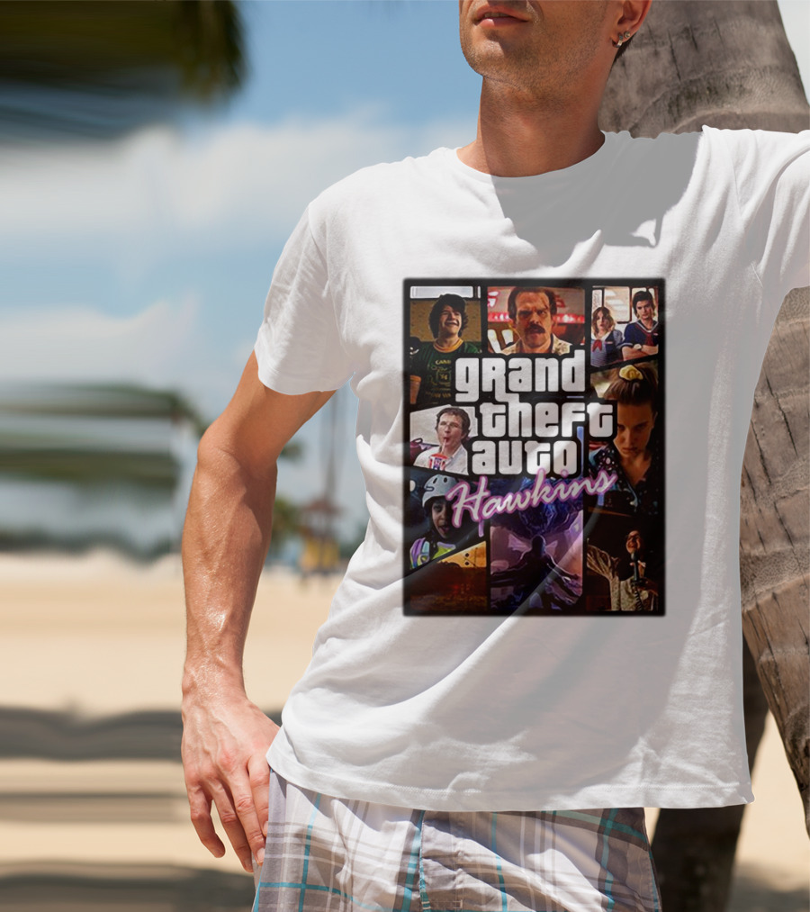 Stranger Things 3 Grand Theft Auto Hawkins Vintage Style Collage T-Shirt
