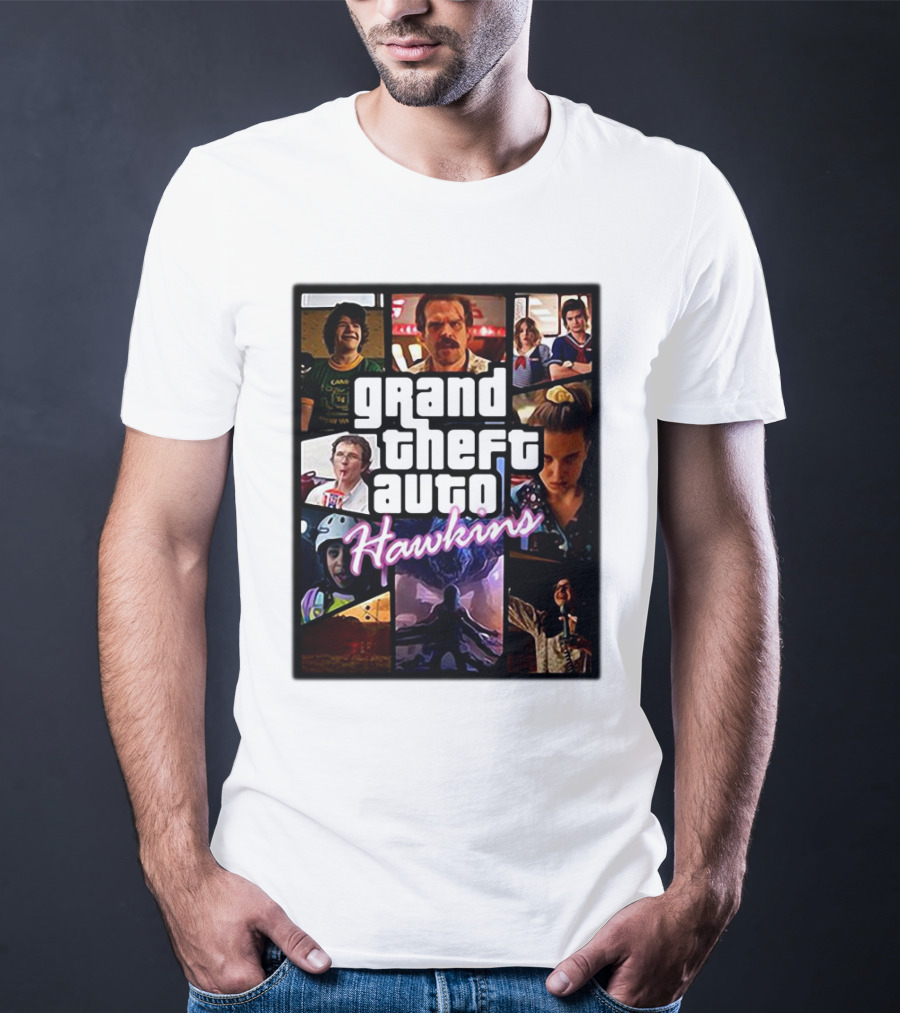 Stranger Things 3 Grand Theft Auto Hawkins Vintage Style Collage T-Shirt