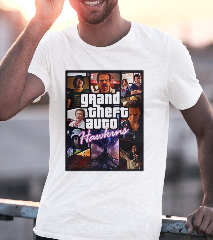 Stranger Things 3 Grand Theft Auto Hawkins Vintage Style Collage T-Shirt