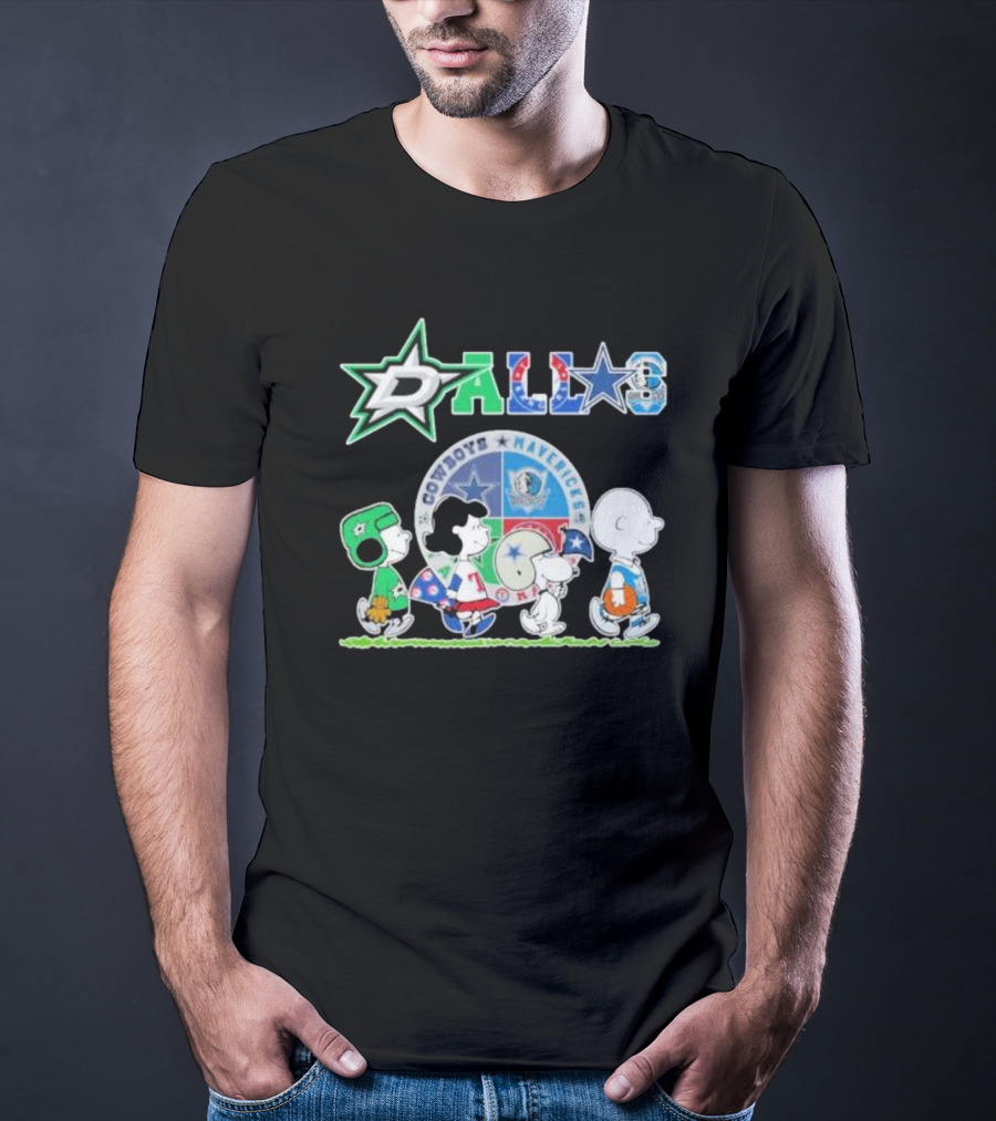 Peanuts Characters Walking With Dallas Cowboys Mavericks Stars T-Shirt