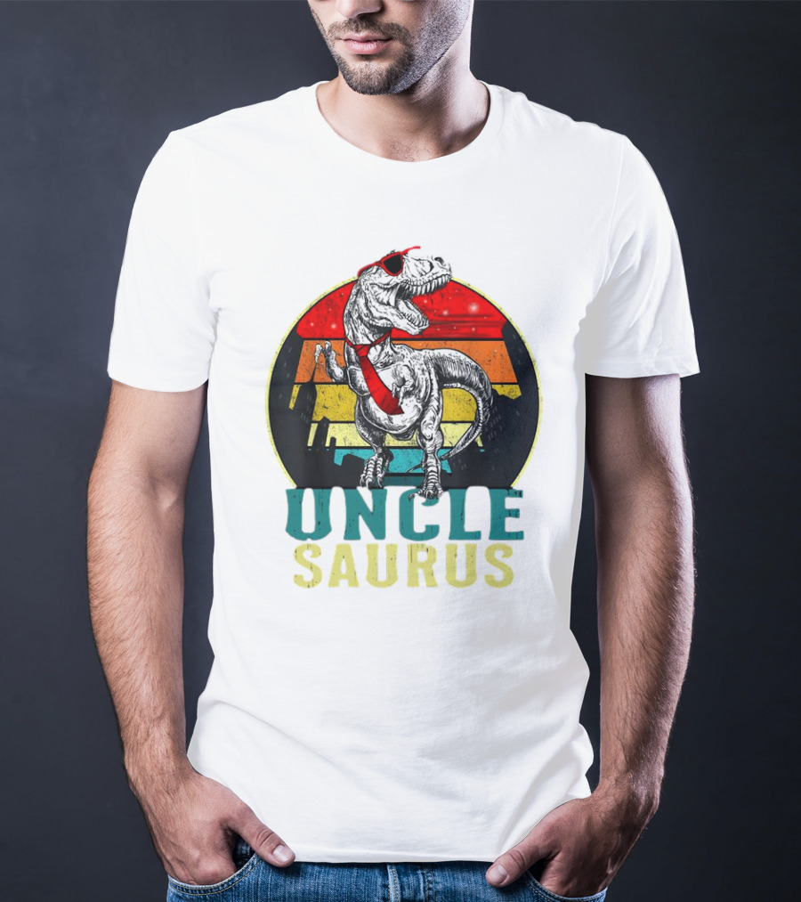 Uncle Saurus Rex Dinosaur With Sunglasses And Red Tie Fathers Day T-Shirt