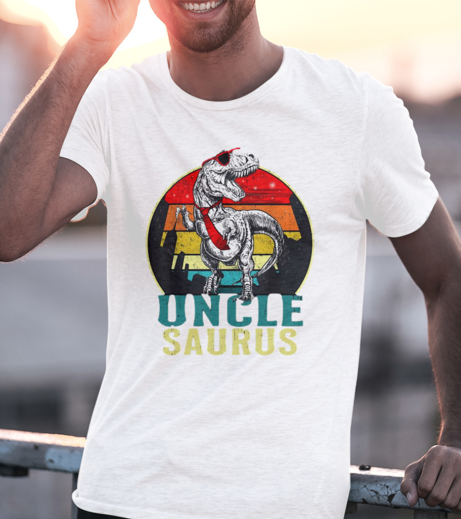 Uncle Saurus Rex Dinosaur With Sunglasses And Red Tie Fathers Day T-Shirt