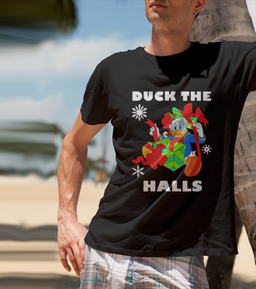 Duck The Halls Christmas With Present And Snowflakes T-Shirt