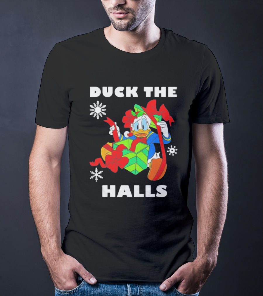 Duck The Halls Christmas With Present And Snowflakes T-Shirt