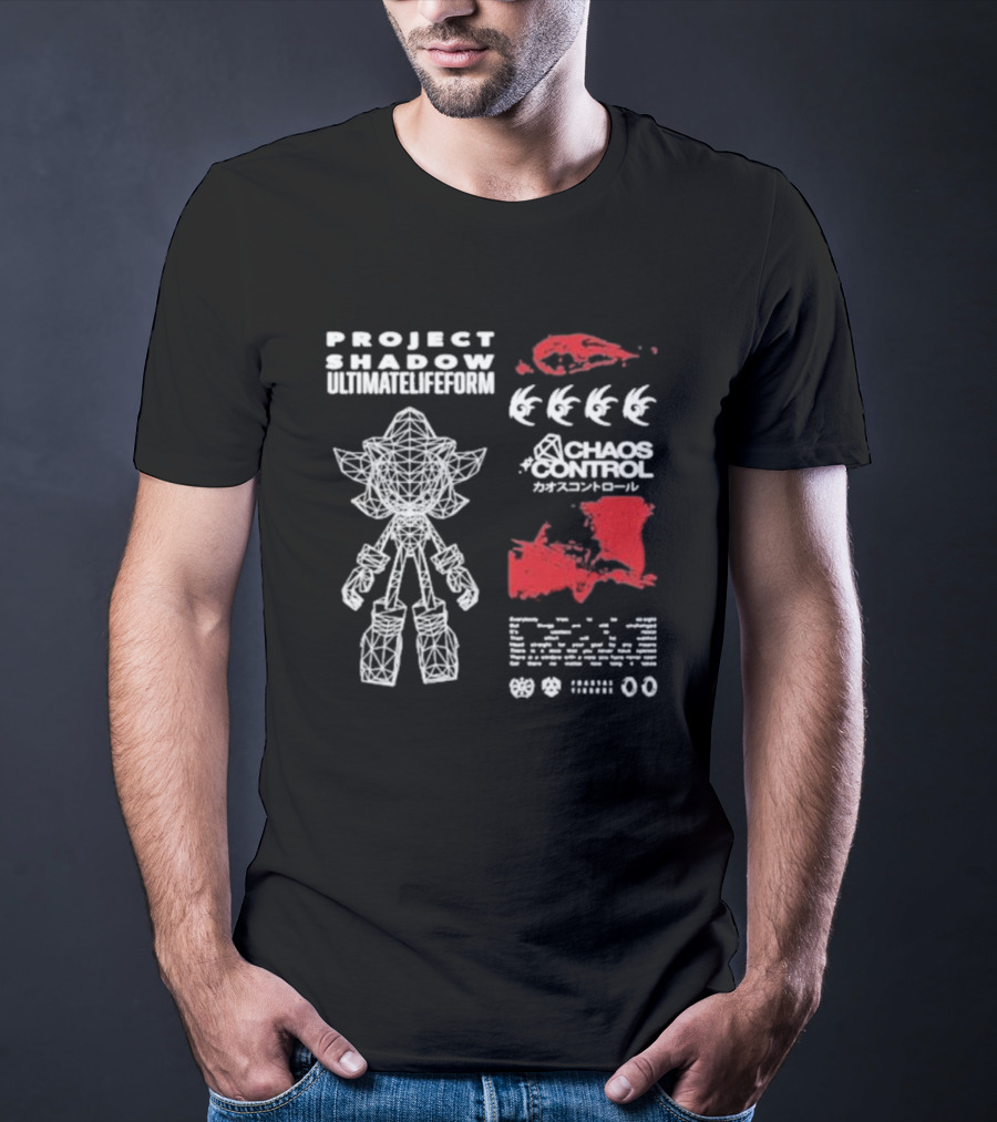 Project Shadow Ultimate Lifeform Chaos Control Japanese Text Wireframe Character Red Elements T-Shirt