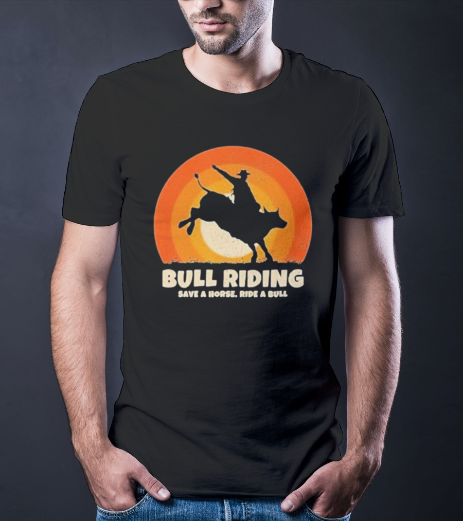 Bull Riding Save A Horse Ride A Bull Sunset Silhouette Cowboy Vintage T-Shirt