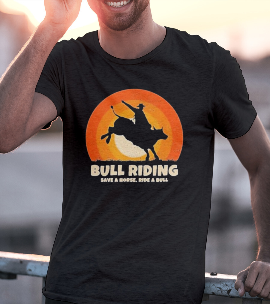 Bull Riding Save A Horse Ride A Bull Sunset Silhouette Cowboy Vintage T-Shirt