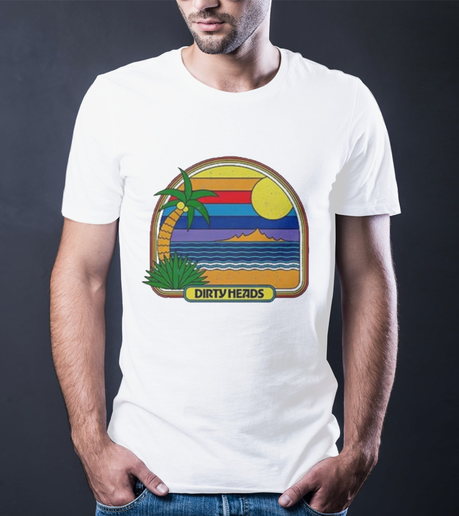 Dirty Heads Retro Beach Sunset Palms Ocean Scene T-Shirt