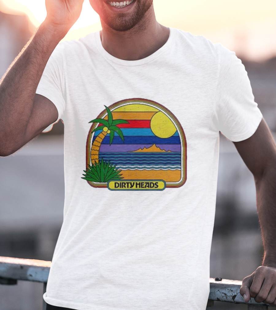 Dirty Heads Retro Beach Sunset Palms Ocean Scene T-Shirt