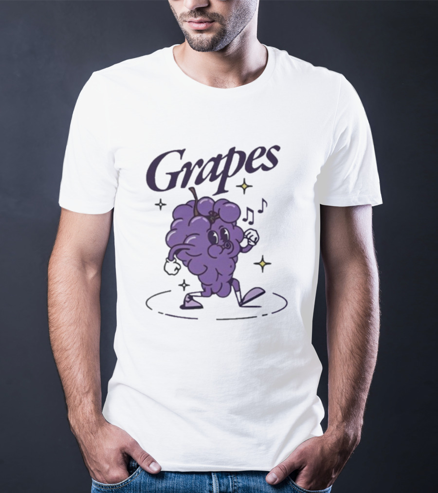 James Marriott Grapes Dancing Purple Cartoon With Musical Notes And Stars T-Shirt