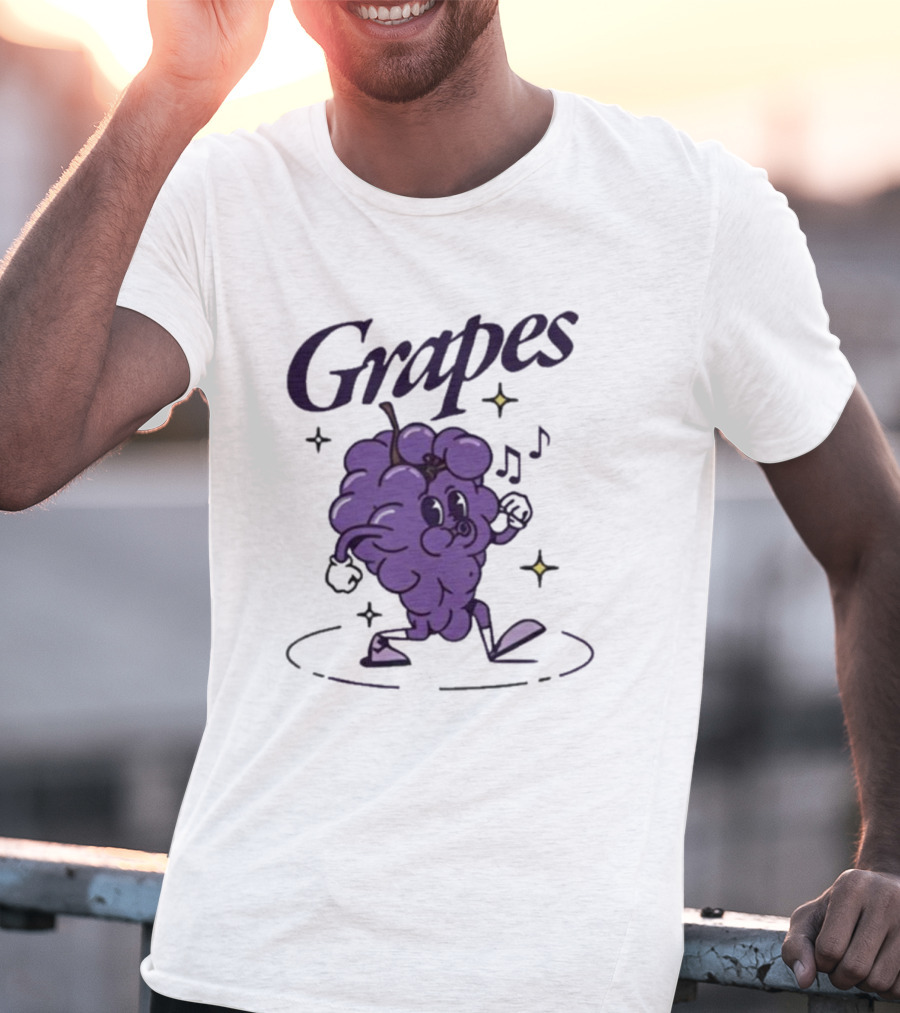 James Marriott Grapes Dancing Purple Cartoon With Musical Notes And Stars T-Shirt