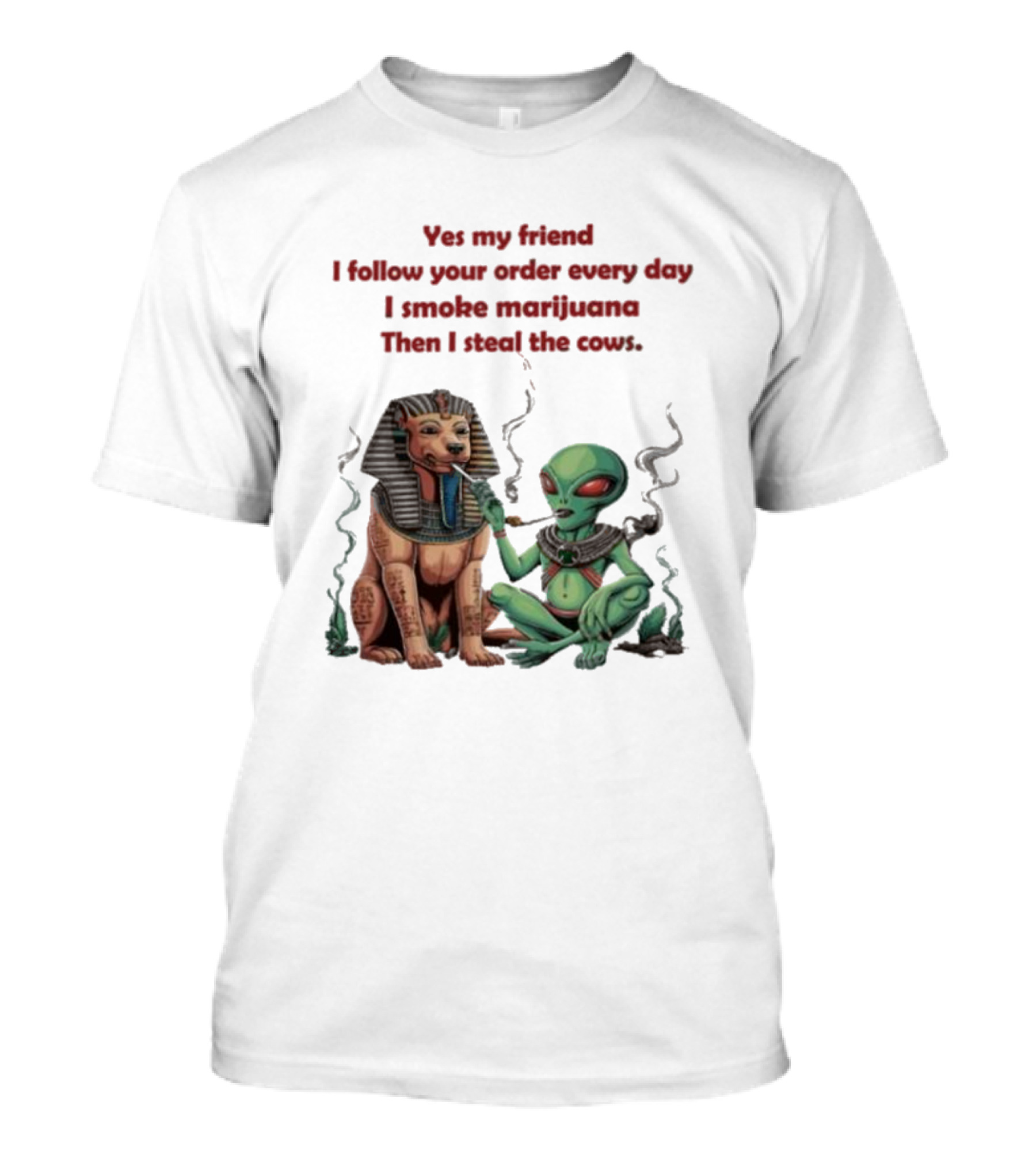 Yes My Friend I Follow Your Order Every Day I Smoke Marijuana Then I Steal The Cows Alien With Sphinx Smoking T-Shirt