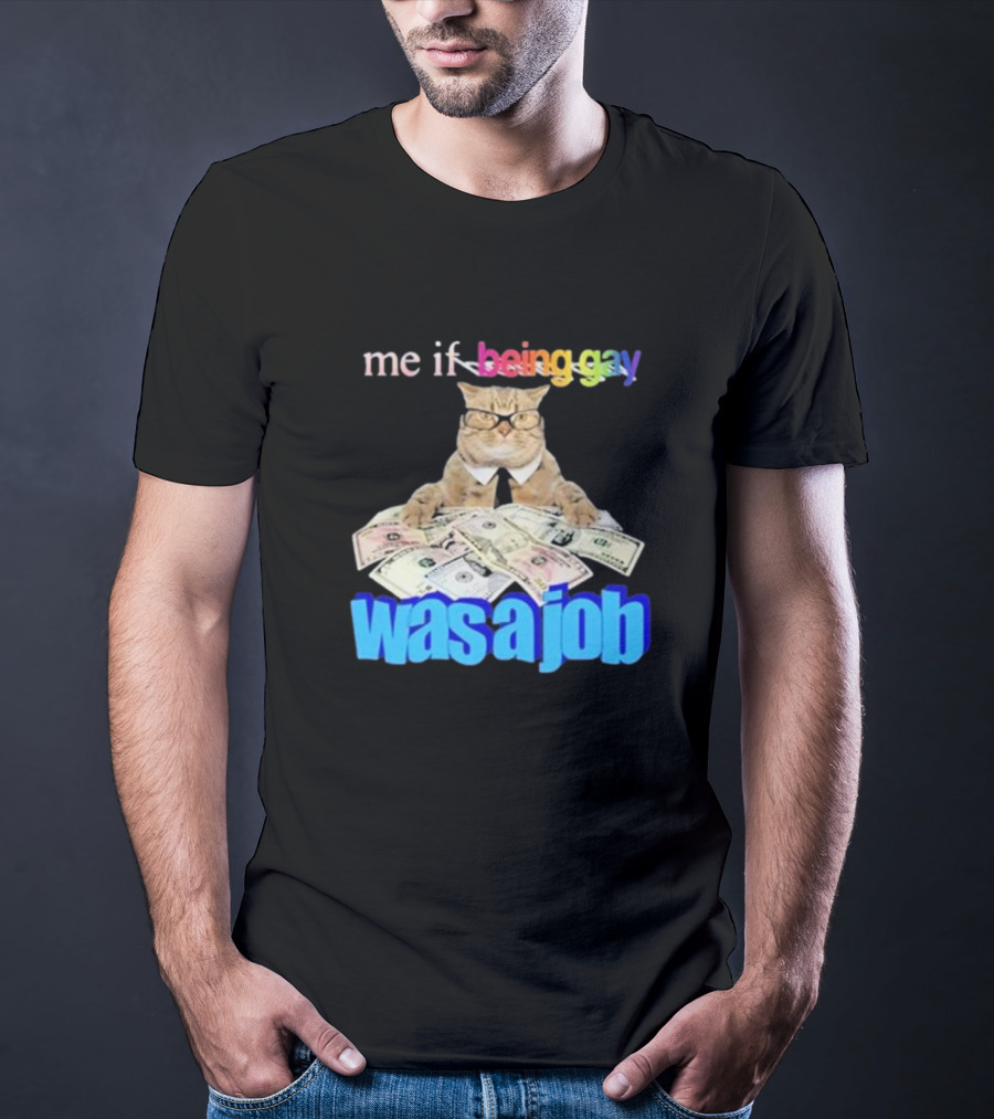 Cat With Money And Rainbow Text Me If Being Gay Was A Job T-Shirt