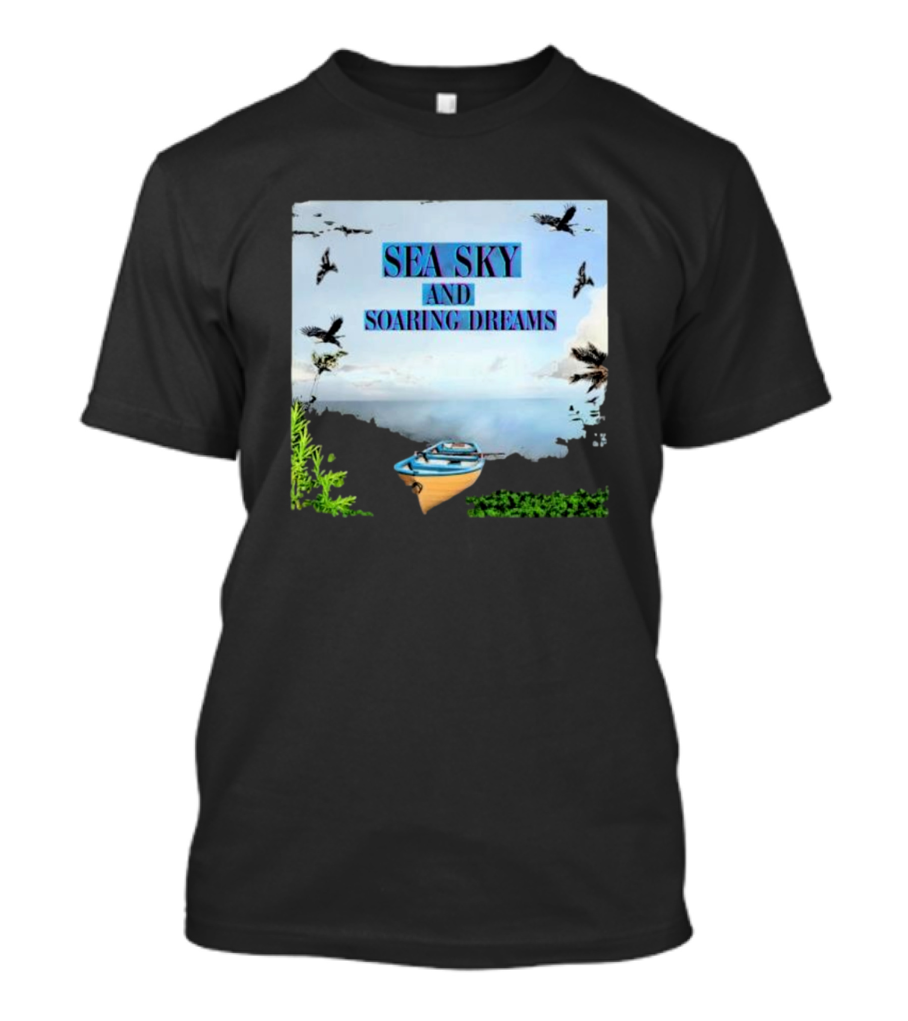 SEA SKY AND SOARING DREAMS WITH BIRDS AND BOAT IN NATURE SCENE T-Shirt