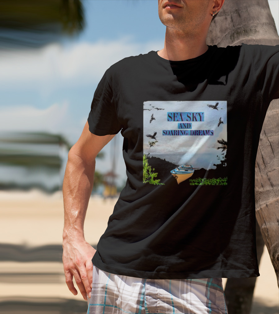 SEA SKY AND SOARING DREAMS WITH BIRDS AND BOAT IN NATURE SCENE T-Shirt