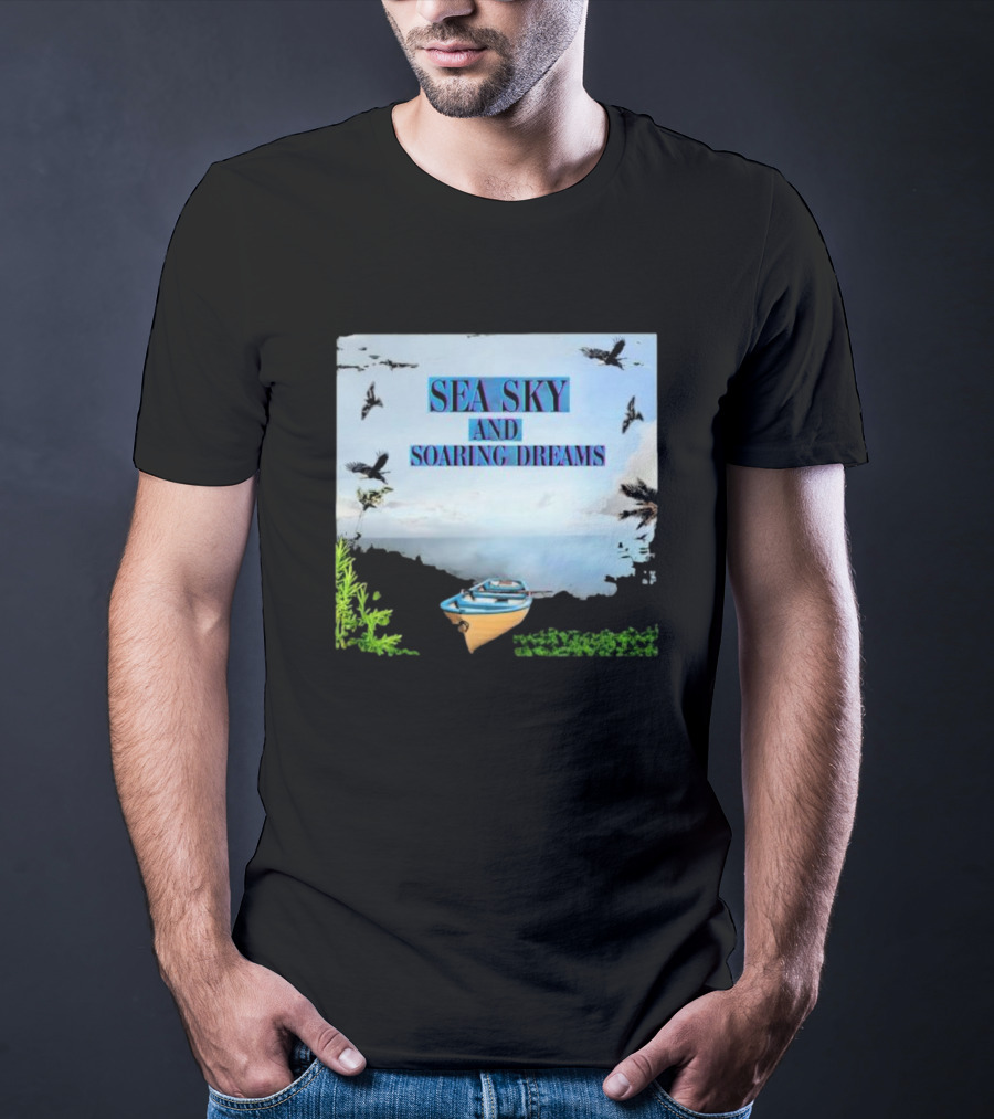 SEA SKY AND SOARING DREAMS WITH BIRDS AND BOAT IN NATURE SCENE T-Shirt
