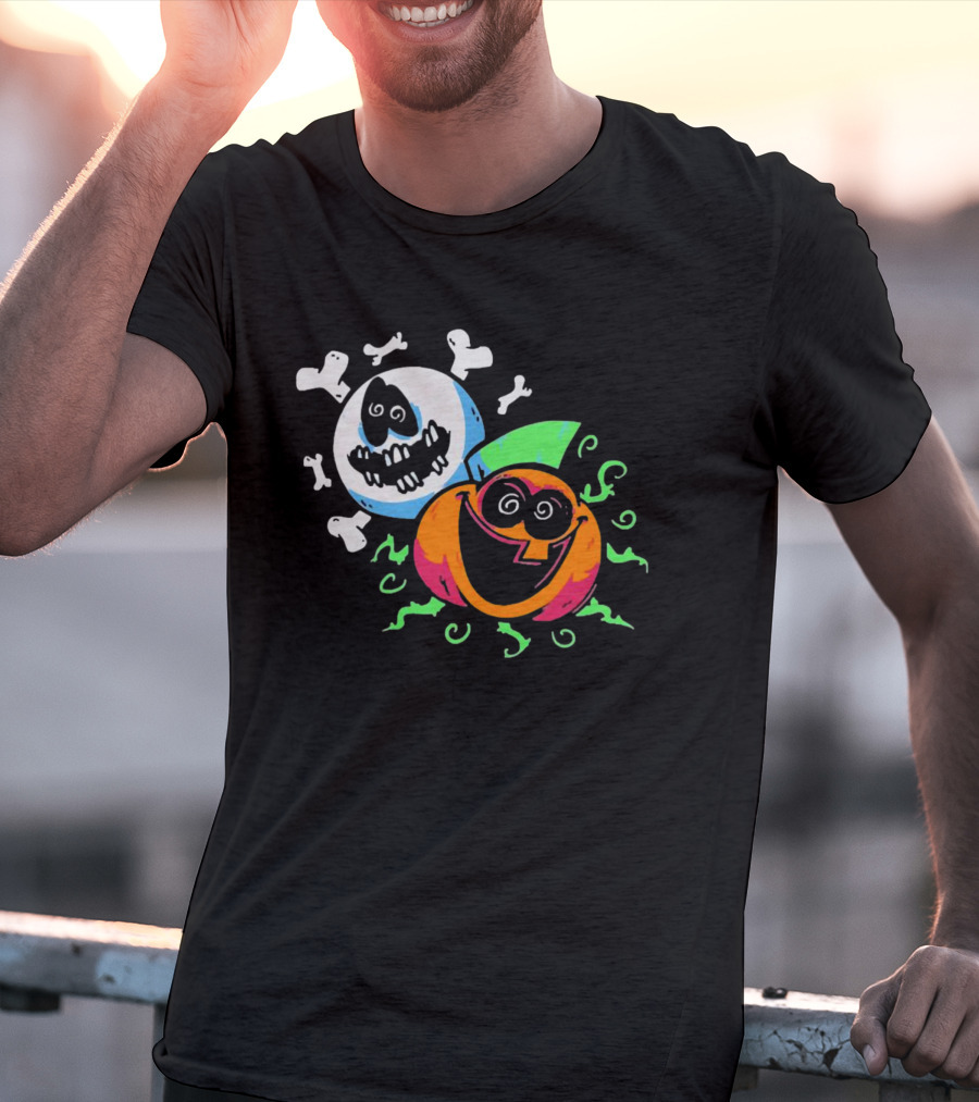Spooky Month Colorful Cartoon Ghosts And Pumpkins With Bones T-Shirt