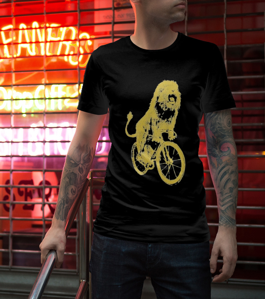 Lion Riding Bicycle Sketch Yellow T-Shirt