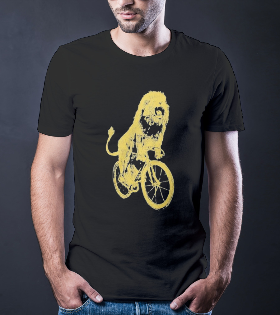 Lion Riding Bicycle Sketch Yellow T-Shirt