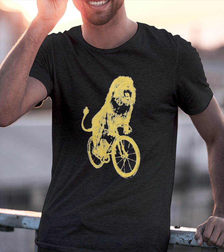 Lion Riding Bicycle Sketch Yellow T-Shirt