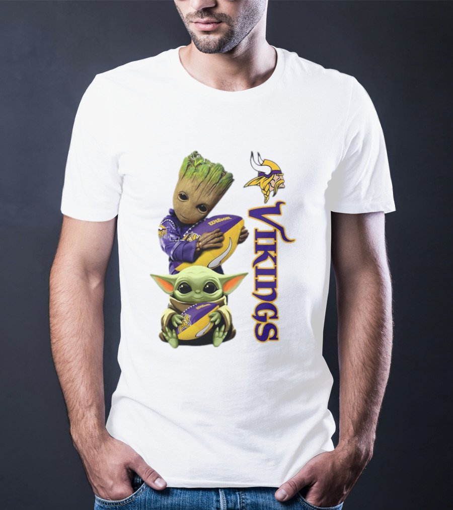 Baby Groot And Yoda Hugging Minnesota Vikings Football T-Shirt