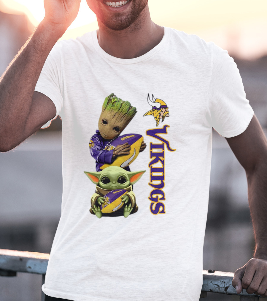 Baby Groot And Yoda Hugging Minnesota Vikings Football T-Shirt