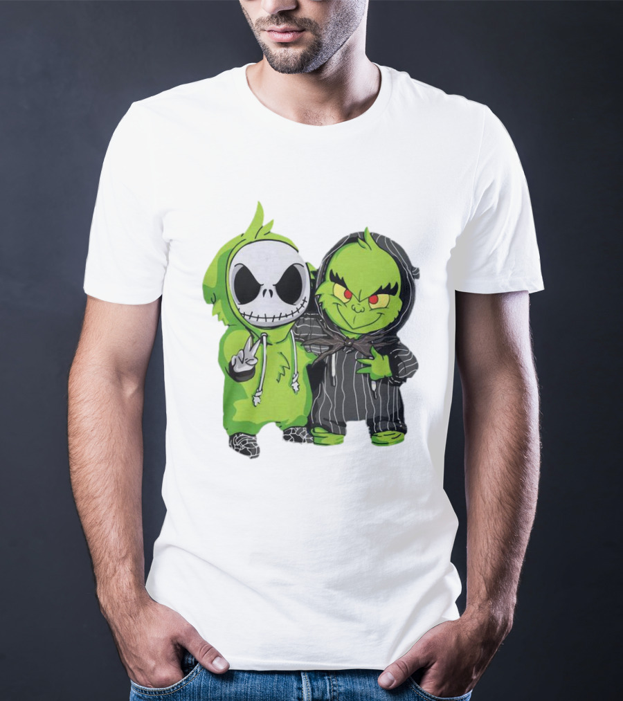 Baby Jack Skellington And Grinch In Green Hoodies T-Shirt