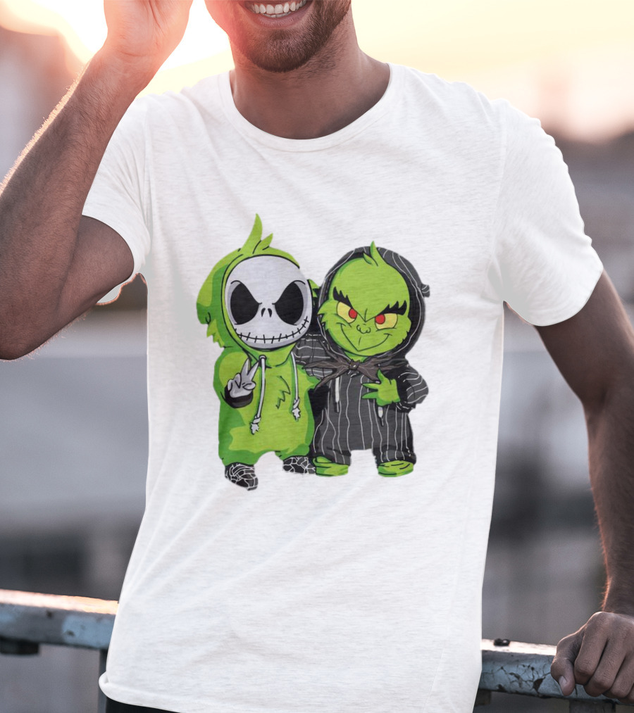 Baby Jack Skellington And Grinch In Green Hoodies T-Shirt