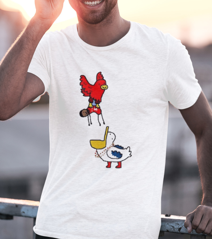 Atlanta Hawks Trade Dejounte Murray Featuring Cartoon Red Hawk Flying Over Pelican T-Shirt