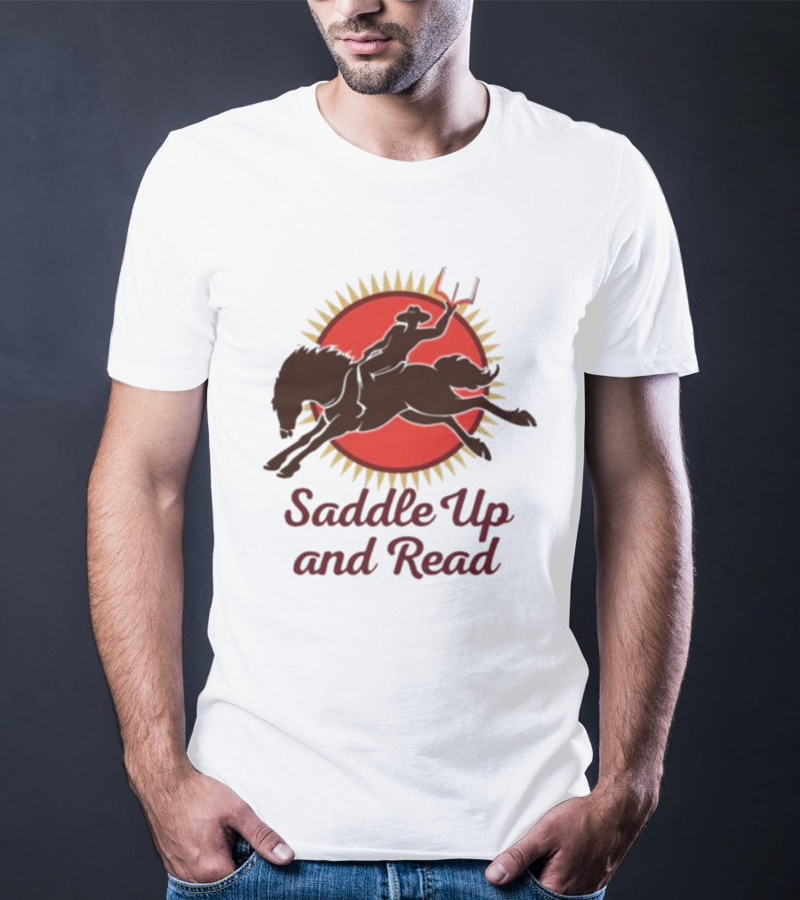 Saddle Up And Read Horseback Silhouette Against Sunburst T-Shirt