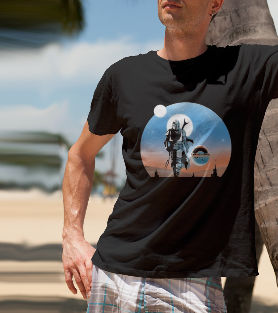 Protect The Child Star War Walking Mandalorian Sunset Adventure T-Shirt