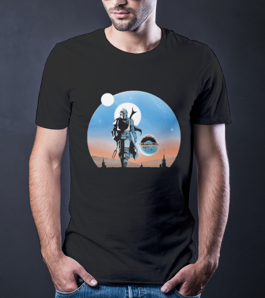 Protect The Child Star War Walking Mandalorian Sunset Adventure T-Shirt