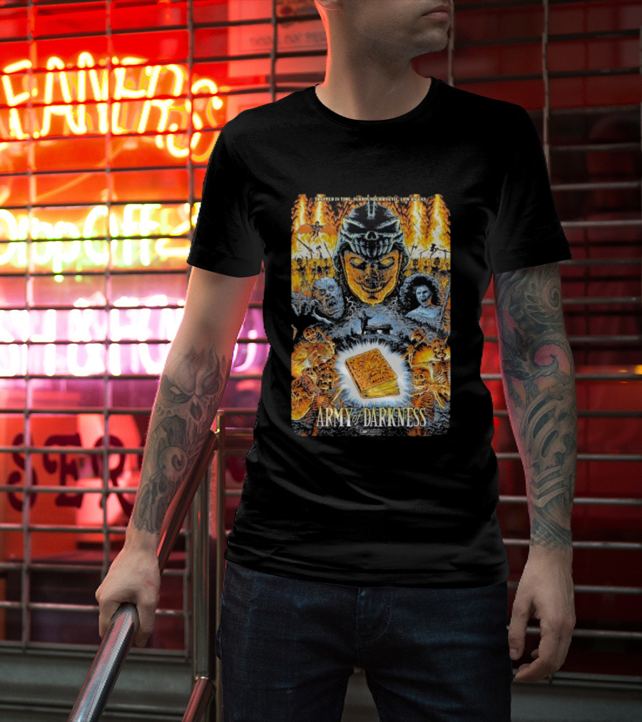 Trapped In Time Surrounded By Evil Low On Gas Army Of Darkness Necronomicon Evil Dead Horror Collage T-Shirt