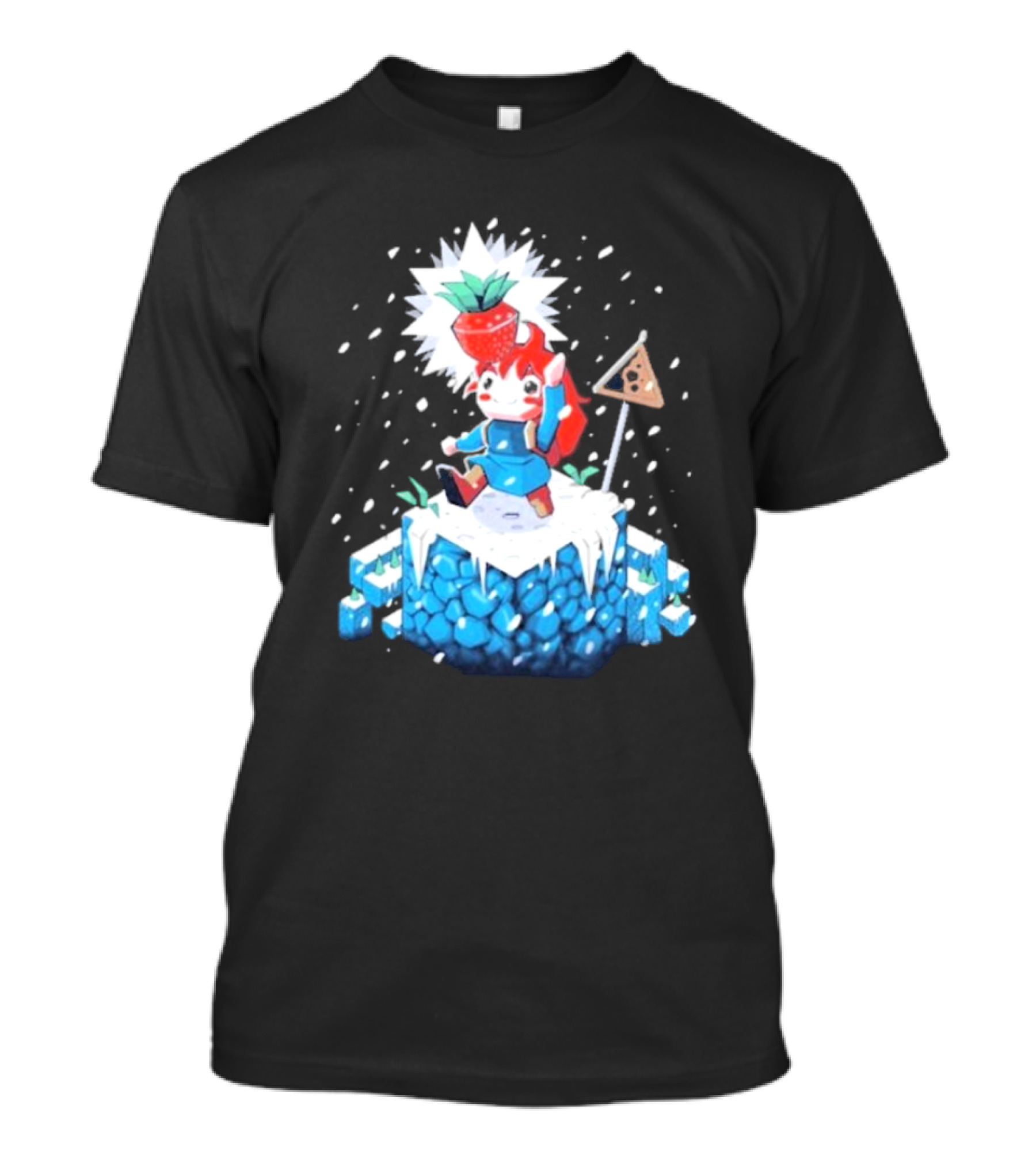 The Yetee Celeste 64 Pixel Adventure Character With Strawberry And Flag On Ice Mountain T-Shirt