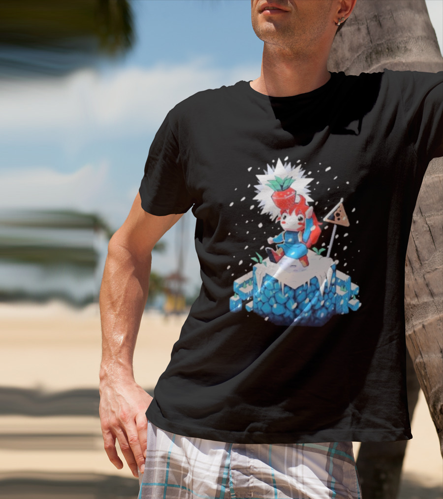 The Yetee Celeste 64 Pixel Adventure Character With Strawberry And Flag On Ice Mountain T-Shirt