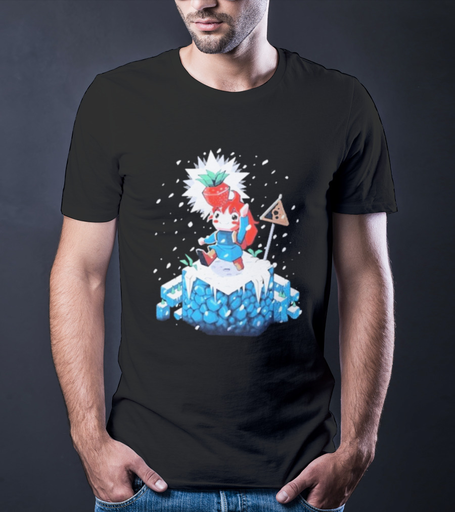 The Yetee Celeste 64 Pixel Adventure Character With Strawberry And Flag On Ice Mountain T-Shirt