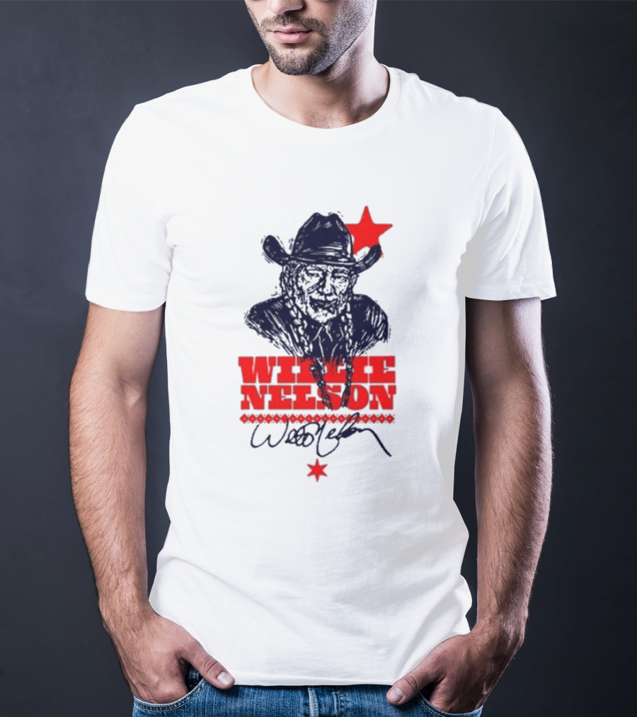 Willie Nelson Woodcut Cowboy Hat Red Star T-Shirt