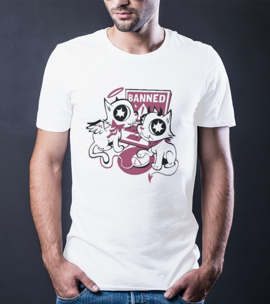 Sinjin Banned Angel Devil Cats With Starry Eyes Sitting By Computer T-Shirt