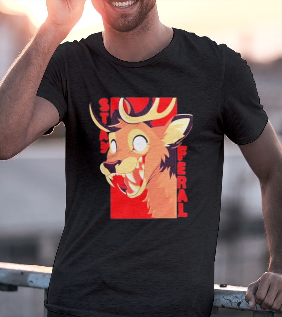 Stay Feral Toothy Deer Wild Expression Monochrome Cartoon T-Shirt