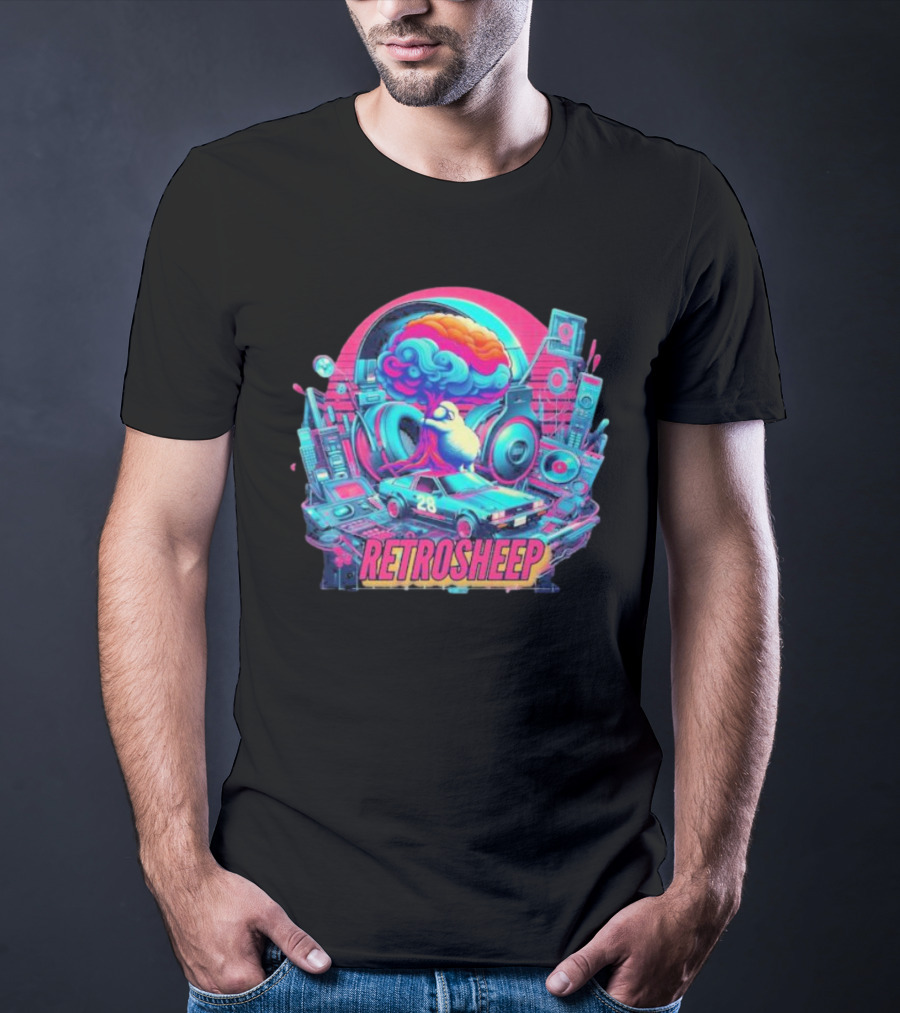 Retrosheep Neon Music Explosion With Retro Cars And Speakers T-Shirt