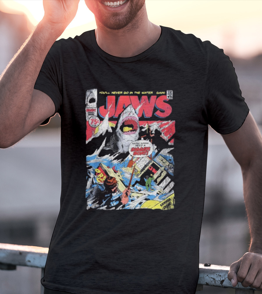 Jaws Comic Cover You'll Never Go In The Water Again You're Gonna Need A Bigger Boat 75 Cent July Roy Thomas Ross Andru Comic Code Authority T-Shirt