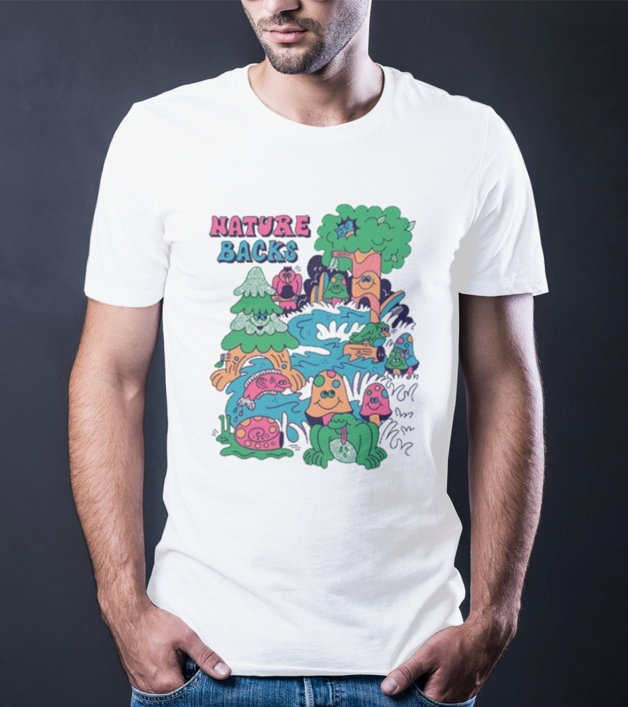 Nature Backs Funky Forest With Colorful Cartoon Animals And Trees T-Shirt