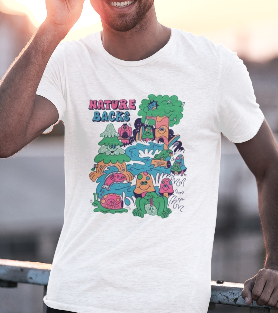 Nature Backs Funky Forest With Colorful Cartoon Animals And Trees T-Shirt