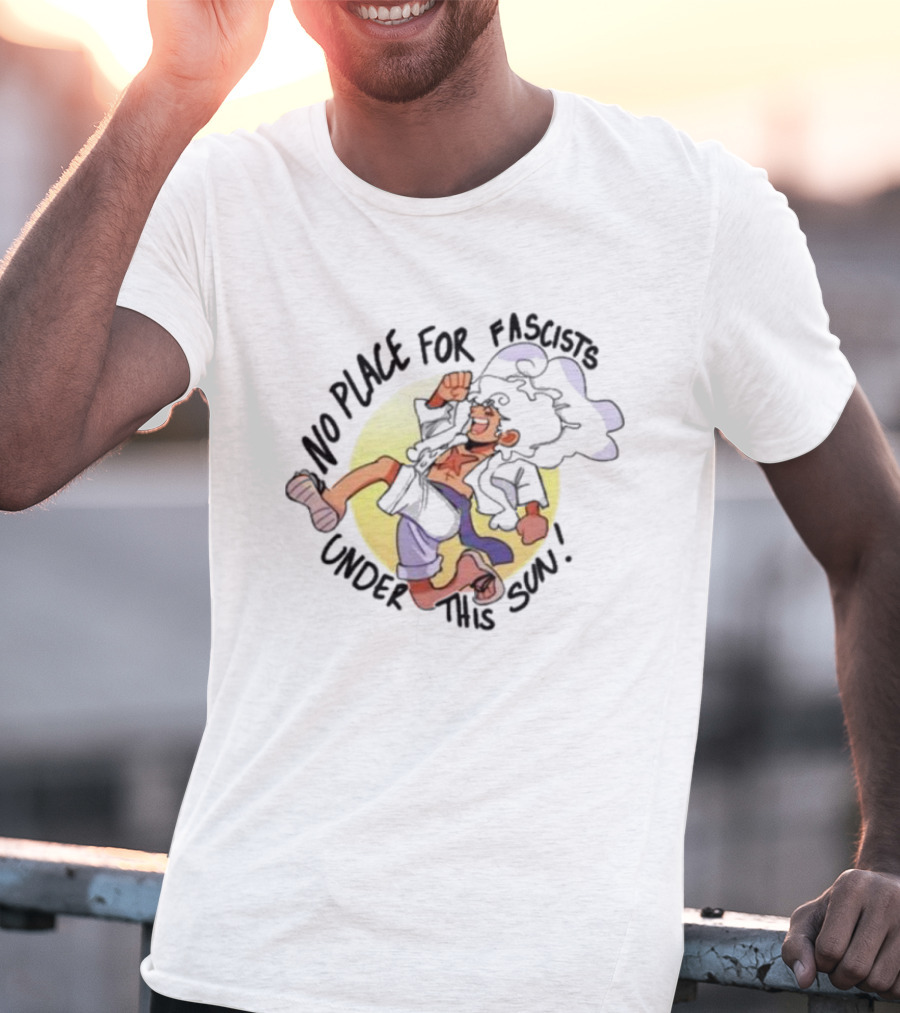 No Place For Fascists Under This Sun Energetic Character Jumping Against Yellow Circle Background T-Shirt