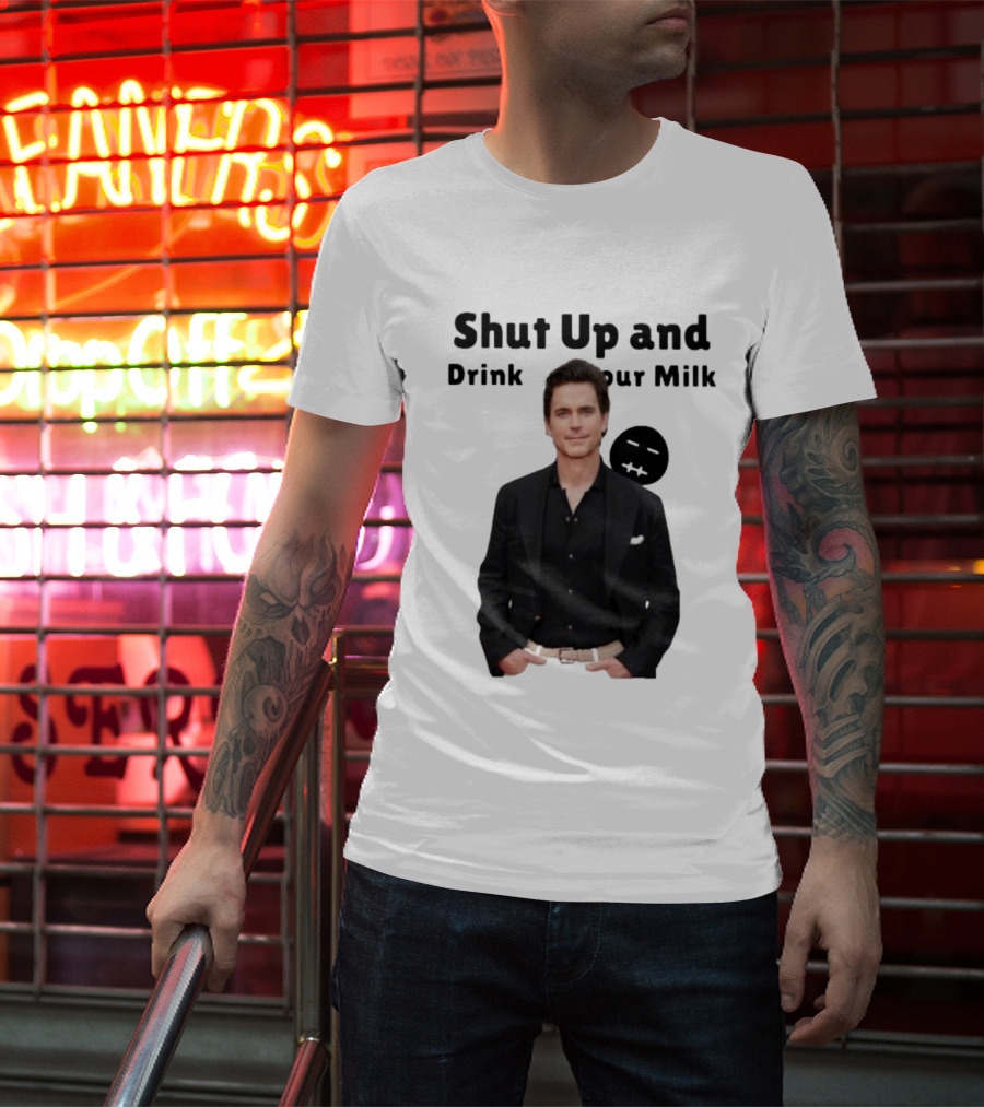 Shut Up And Drink Your Milk With Smiling Man In Black Suit T-Shirt