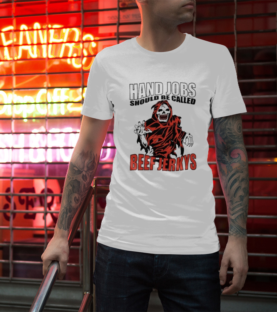 Hand Jobs Should Be Called Beef Jerkys Grim Reaper Red Black Cloaked Figure T-Shirt