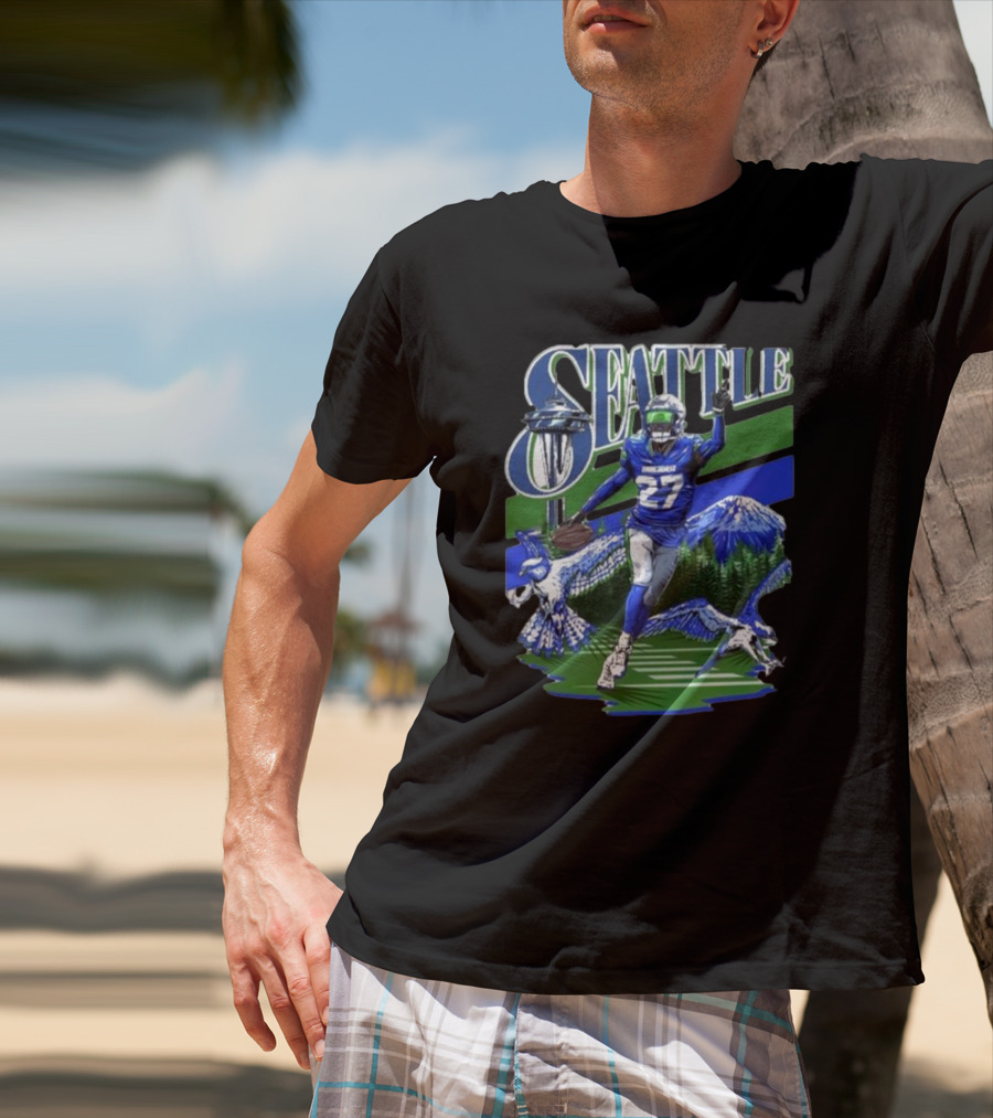Seattle Seahawks Tariq Woolen Number 27 With Space Needle And Mountain Background T-Shirt