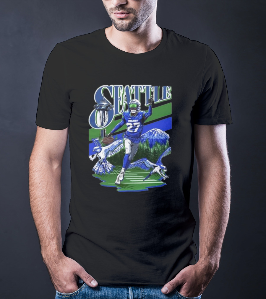 Seattle Seahawks Tariq Woolen Number 27 With Space Needle And Mountain Background T-Shirt